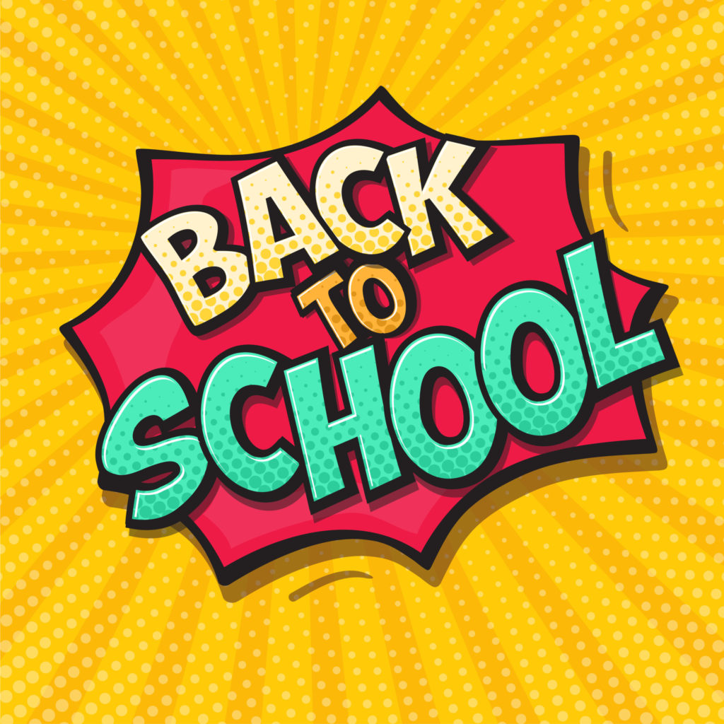 Back to school design template in retro comic style speech bubble. Comic sound effect in pop art style. Vector illustration